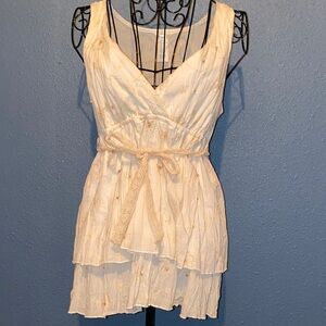 Linen gauze Cream Embroidered Sleeveless V-Neck summer top with Waist Tie